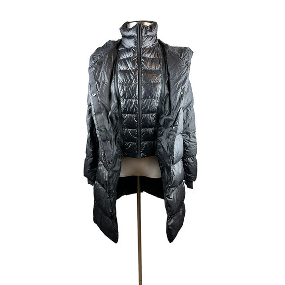 Athleta Lofty Down Coat Goose Down Black Puffer Hooded Puffy Long Coat Medium - Picture 15 of 16